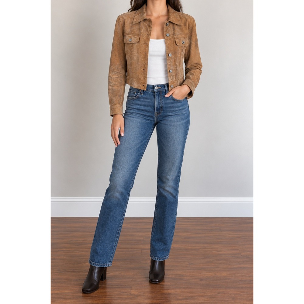 VTG Express Y2K Distressed Suede Leather Crop Jacket Women Medium Brown Western
